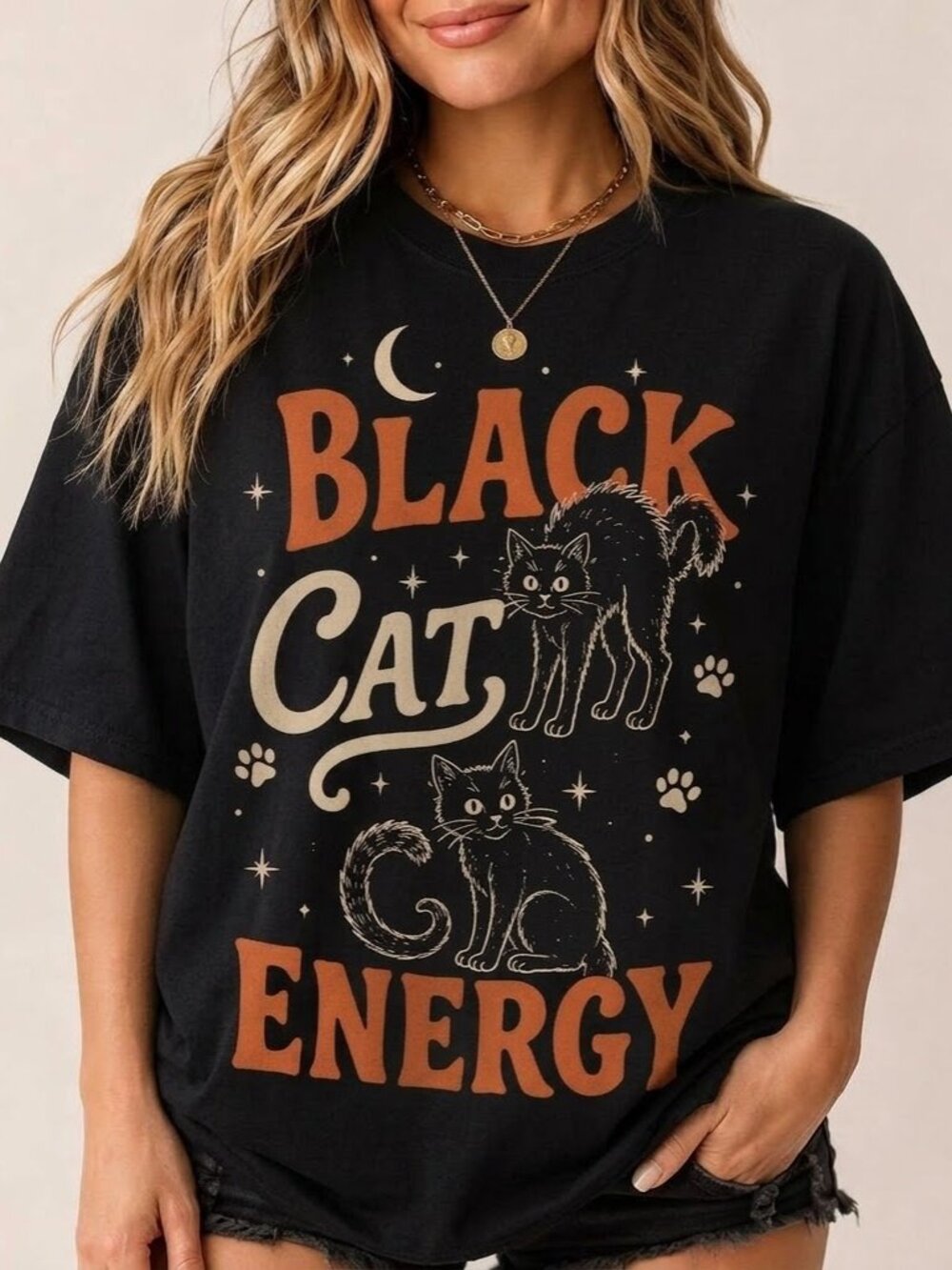 Black Cat Energy Cute Halloween Spooky Cat Graphic Tee